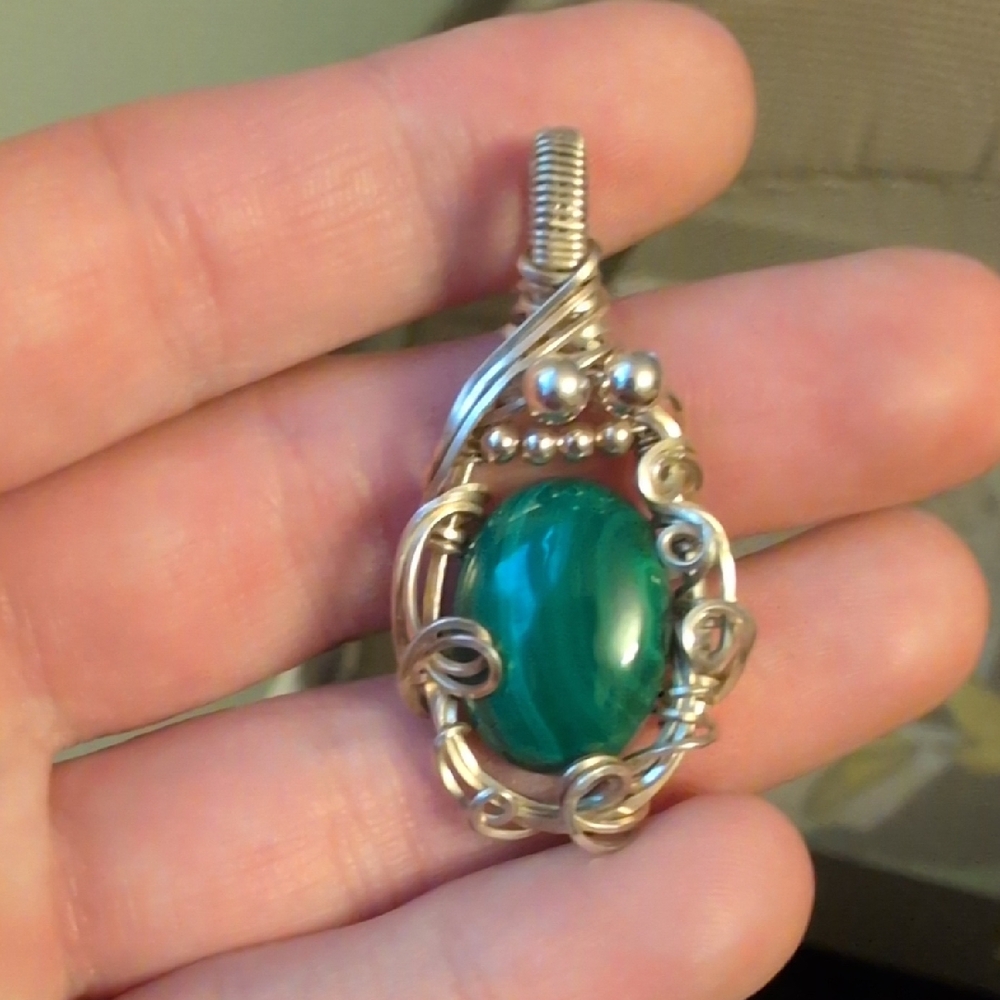Silver Malachite Wire Wrapped Pendant